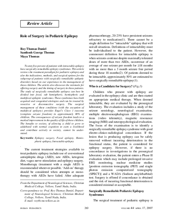 (PDF) Role of surgery in pediatric epilepsy