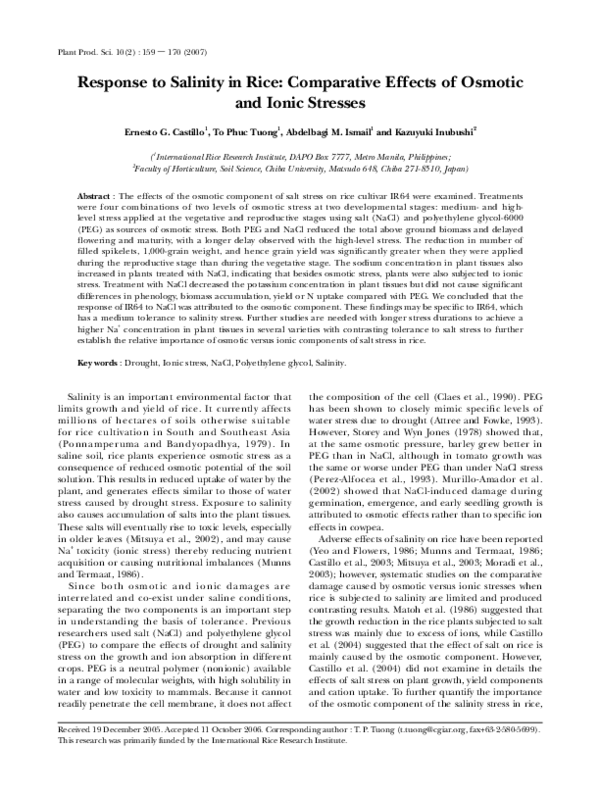 (PDF) Response to Salinity in Rice: Comparative Effects of Osmotic and ...