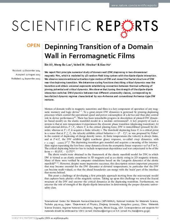 (PDF) Depinning Transition of a Domain Wall in Ferromagnetic Films