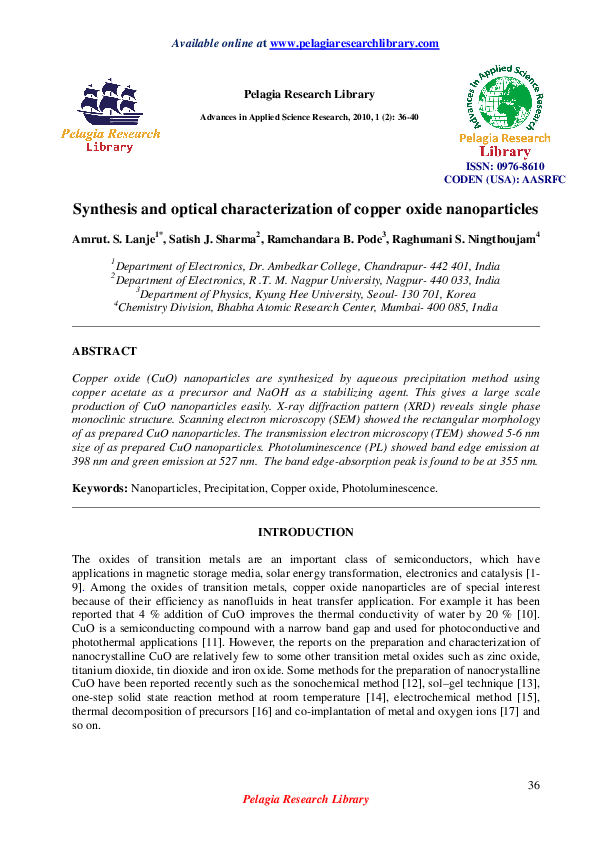 (PDF) Synthesis and optical characterization of copper oxide nanoparticles