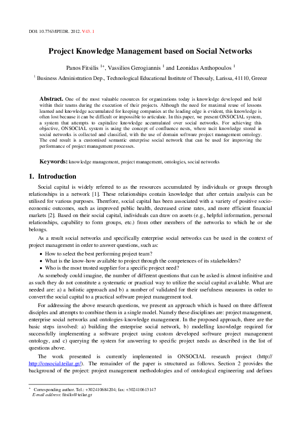 (PDF) Project Knowledge Management based on Social Networks