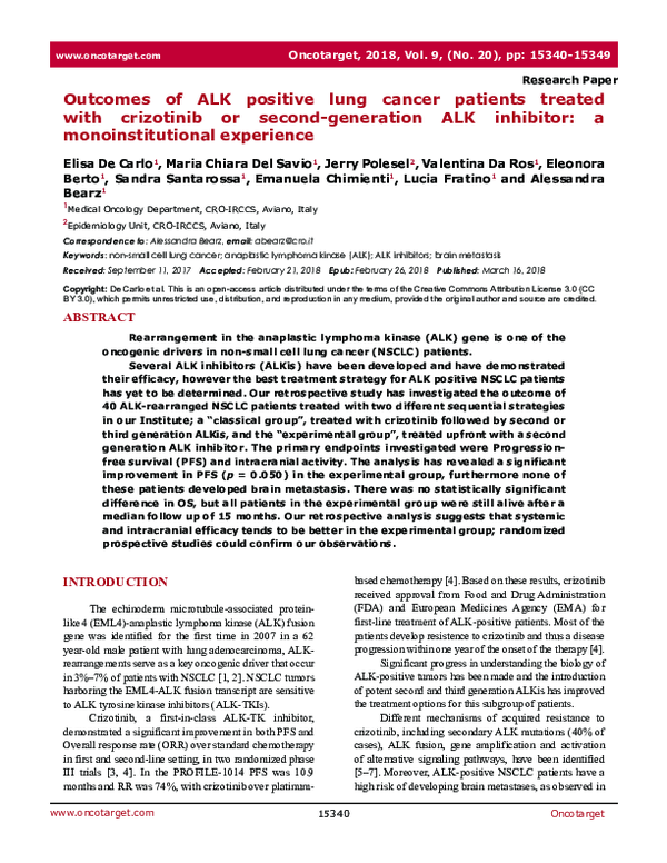 (PDF) Outcomes of ALK positive lung cancer patients treated with ...