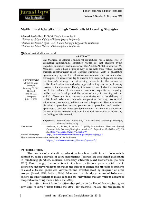 (PDF) Multicultural Education through Constructivist Learning Strategies