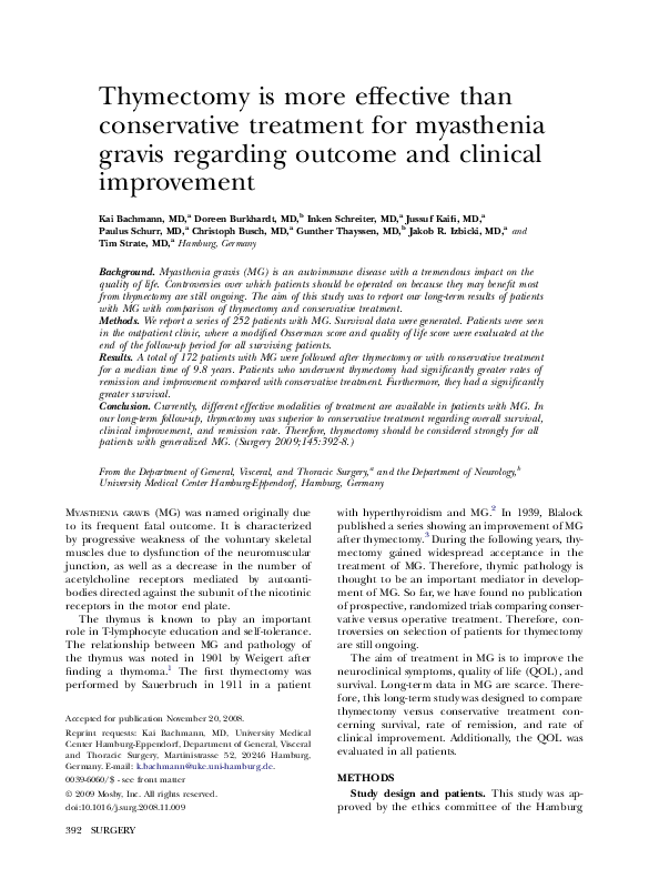 (PDF) Thymectomy is more effective than conservative treatment for