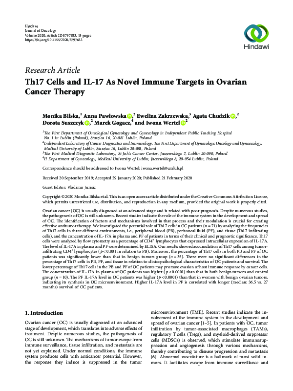 (PDF) Th17 Cells and IL-17 As Novel Immune Targets in Ovarian Cancer ...