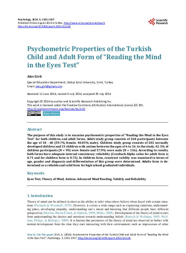 (PDF) Psychometric Properties of the Turkish Child and Adult Form of ...