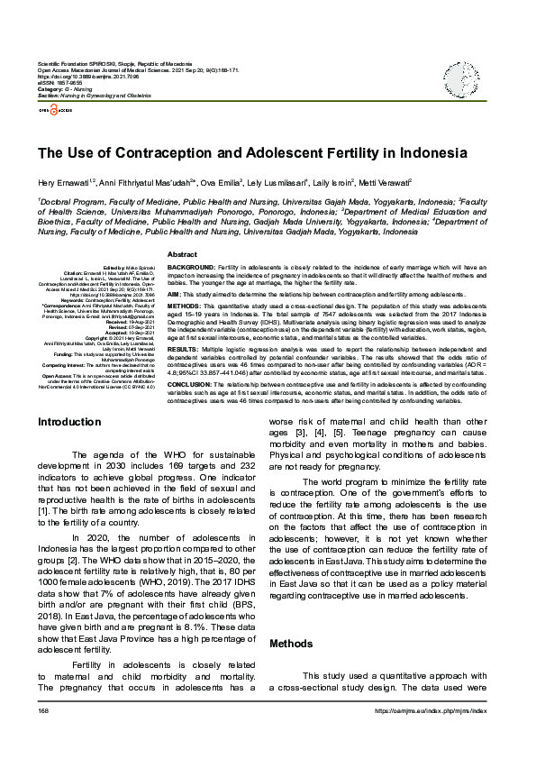 (PDF) The Use of Contraception and Adolescent Fertility in Indonesia