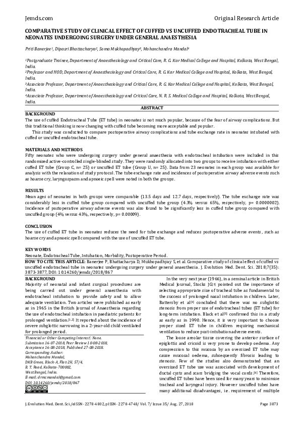 (PDF) Comparative Study of Clinical Effect of Cuffed vs Uncuffed