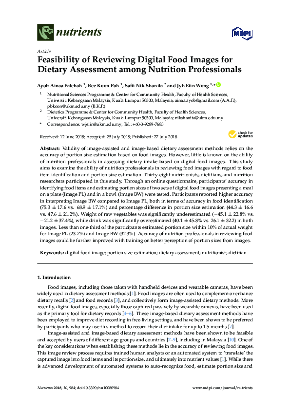 (PDF) Feasibility of Reviewing Digital Food Images for Dietary ...