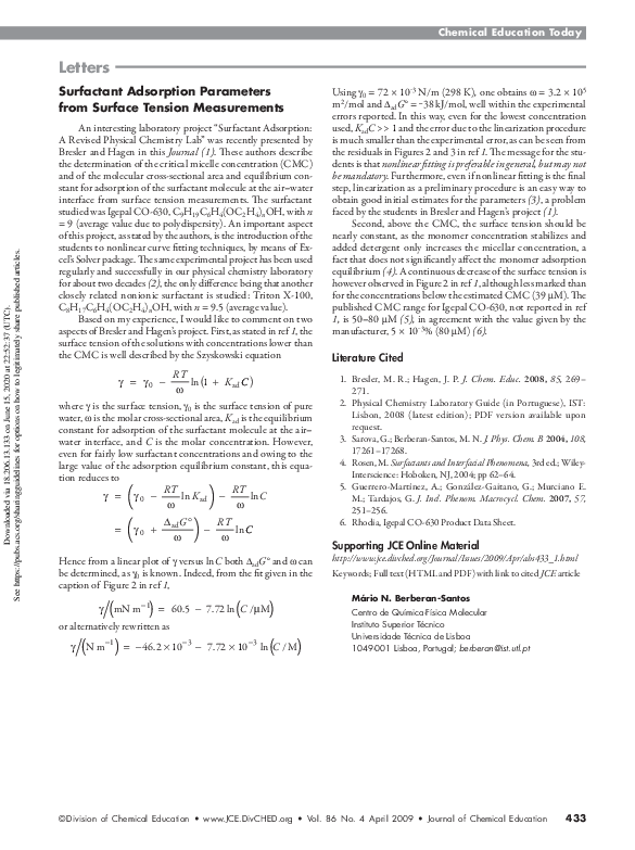 (PDF) Surfactant Adsorption Parameters from Surface Tension Measurements