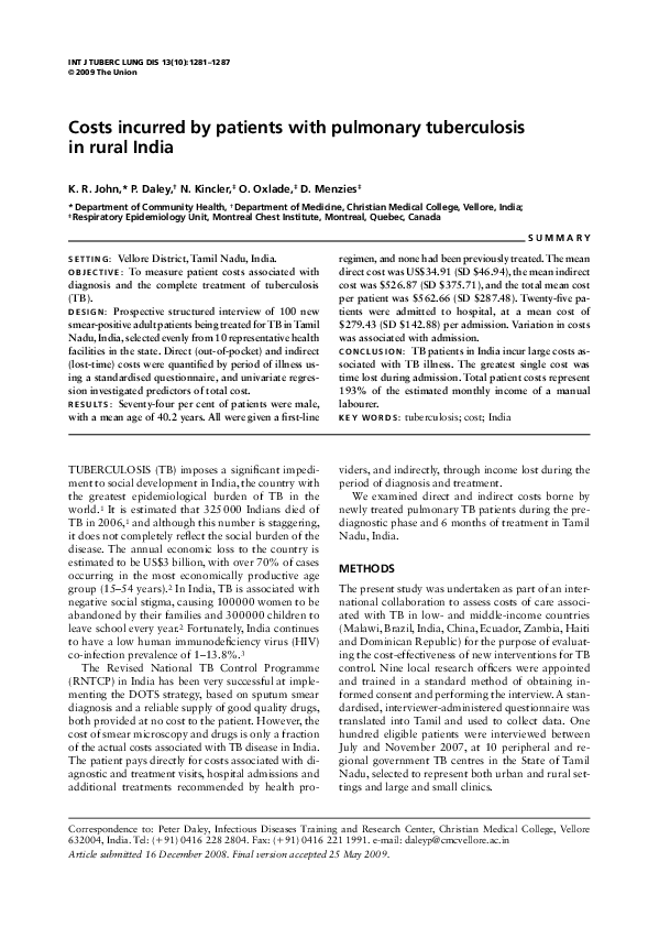 (PDF) Costs incurred by patients with pulmonary tuberculosis in rural India