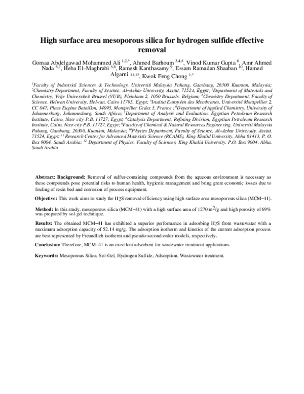 (PDF) High surface area mesoporous silica for hydrogen sulfide ...