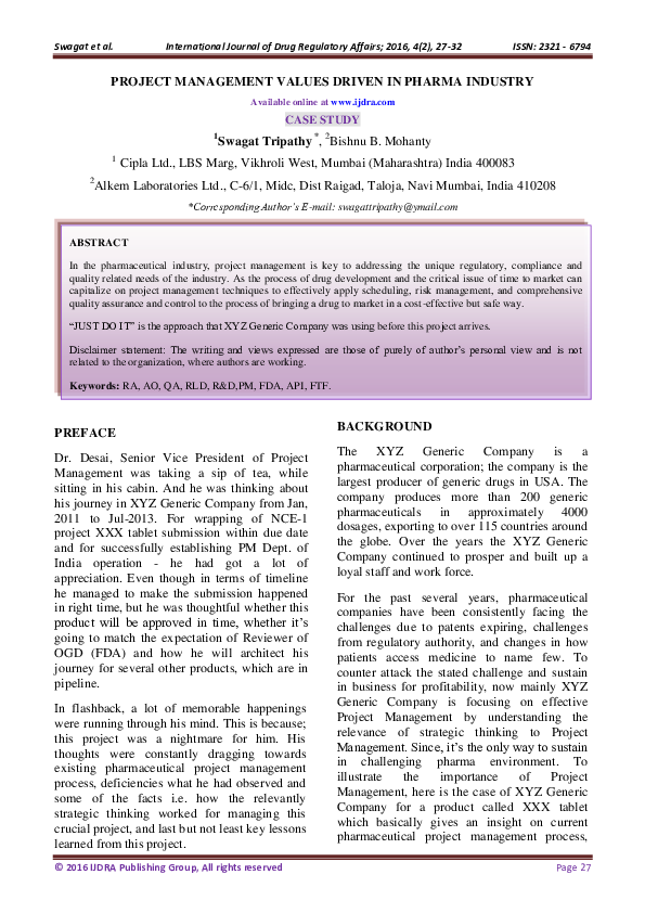 (PDF) Project Management Values Driven in Pharma Industry