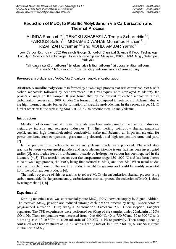 (PDF) Reduction of MoO 2 to Metallic Molybdenum via Carburization and ...