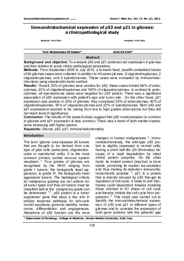 (PDF) Immunohistochemical expression of p53 and p21 in gliomas: a ...