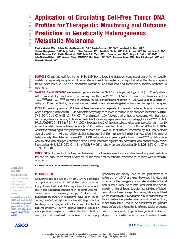 (PDF) Application of Circulating Cell-Free Tumor DNA Profiles for ...