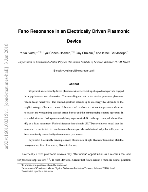 (PDF) Fano Resonance in an Electrically Driven Plasmonic Device