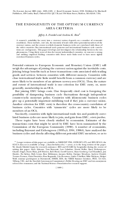 (PDF) The Endogenity of the Optimum Currency Area Criteria