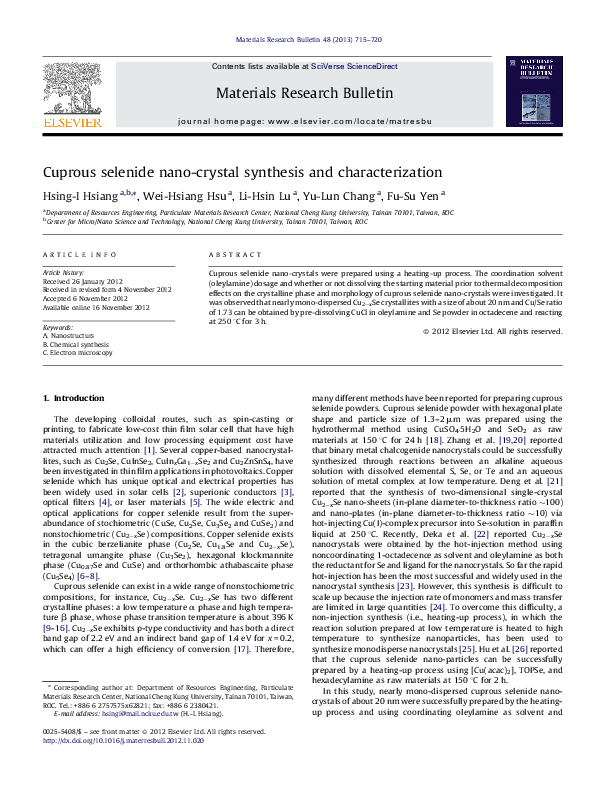 (PDF) Cuprous selenide nano-crystal synthesis and characterization