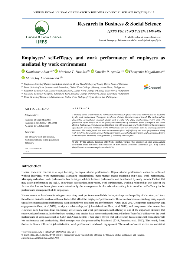 (PDF) Employees' self-efficacy and work performance of employees as ...