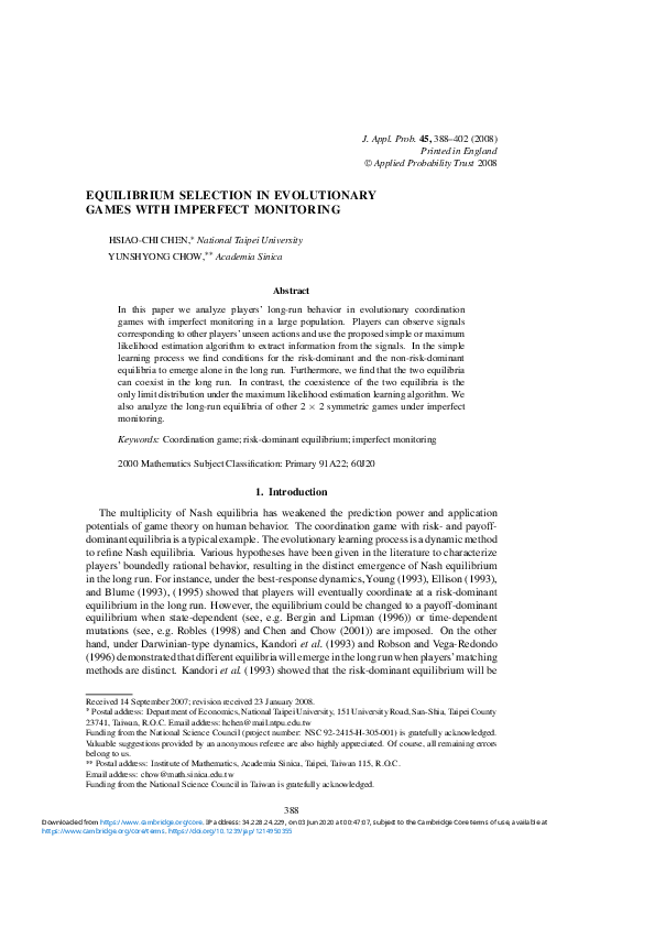 (PDF) Equilibrium selection in evolutionary games with imperfect monitoring