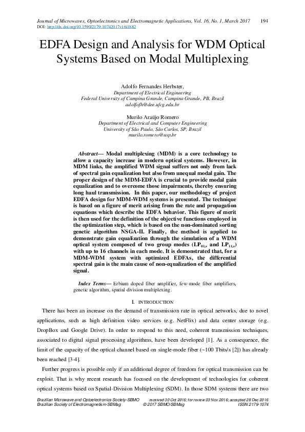 (PDF) EDFA Design and Analysis for WDM Optical Systems Based on Modal ...