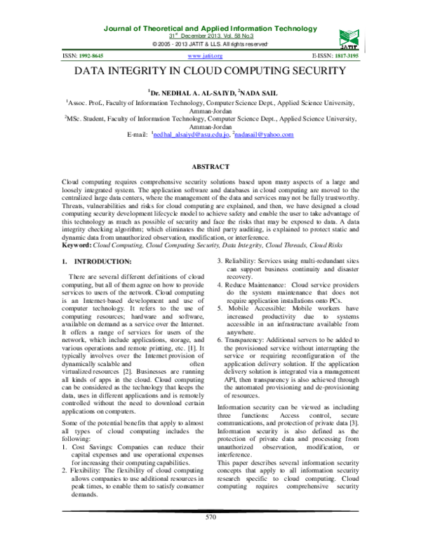 (PDF) Data Integrity in Cloud Computing Security