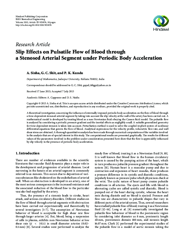 (PDF) Slip Effects on Pulsatile Flow of Blood through a Stenosed ...