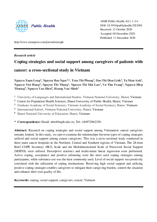 (PDF) Coping strategies and social support among caregivers of patients ...