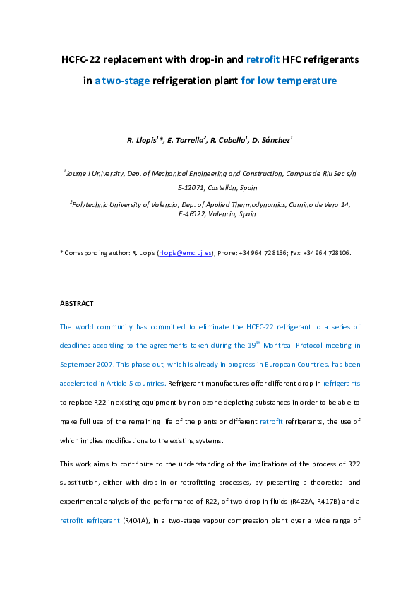 (PDF) HCFC22 replacement with dropin and retrofit HFC refrigerants in