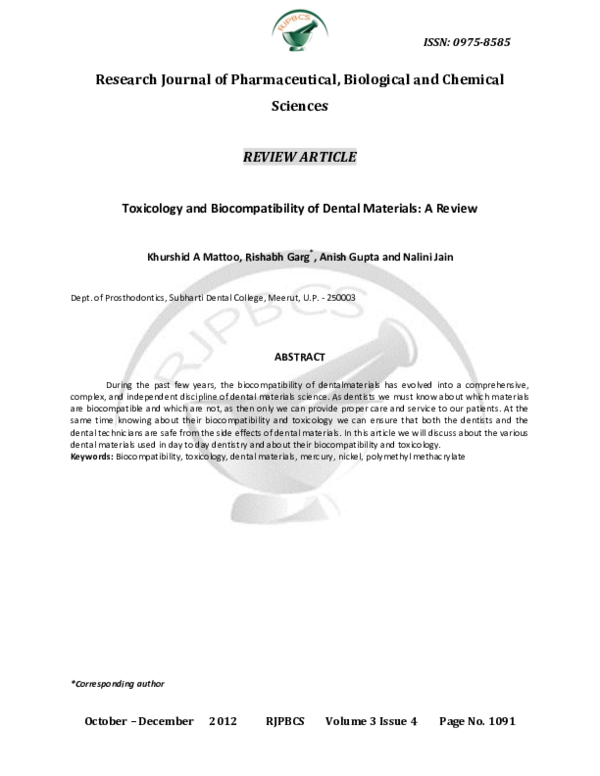 (PDF) Toxicology and of Dental Materials A Review