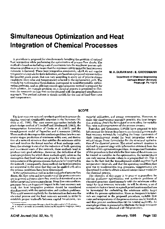 (PDF) Simultaneous optimization and heat integration of chemical processes