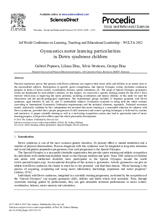 (PDF) Gymnastics Motor Learning Particularities in Down Syndrome Children