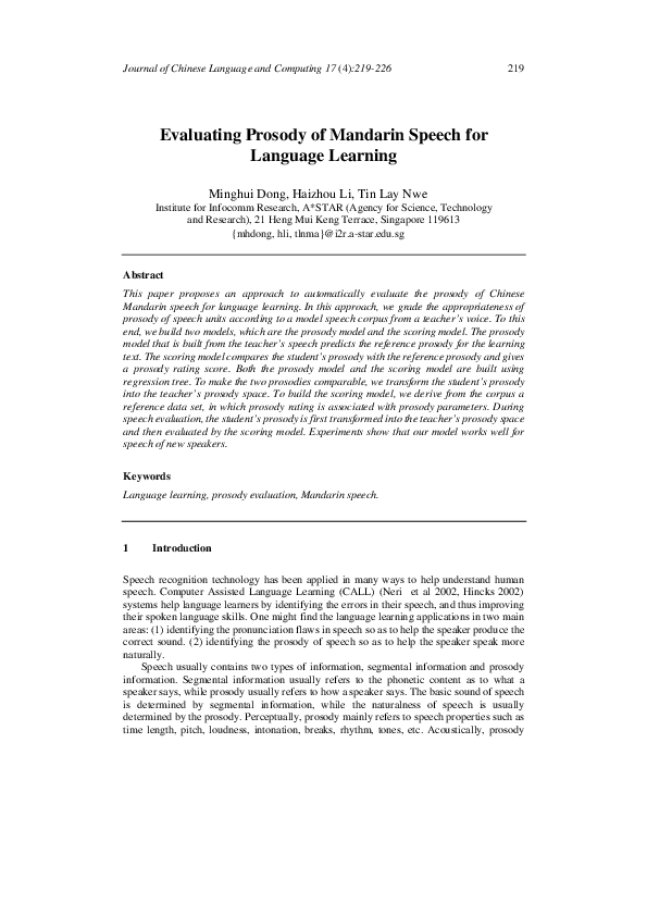 (PDF) Evaluating prosody of Mandarin speech for language learning