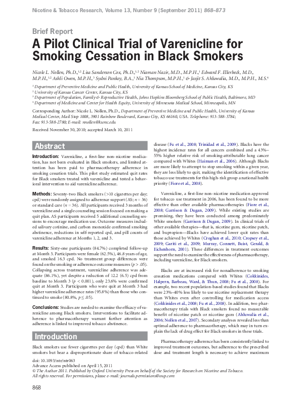 (PDF) A Pilot Clinical Trial of Varenicline for Smoking Cessation in ...