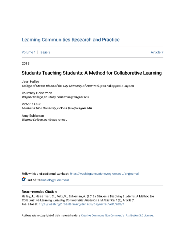 (PDF) Students Teaching Students: A Method for Collaborative Learning