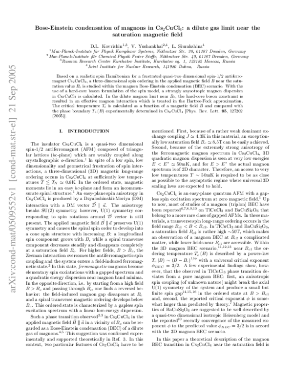 (PDF) Bose-Einstein condensation of magnons in Cs2CuCl4: A dilute gas ...