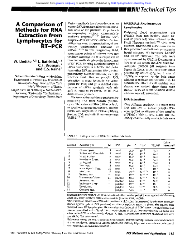 (PDF) A comparison of methods for RNA extraction from lymphocytes for ...