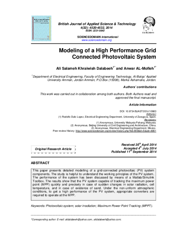 (PDF) Modeling of a High Performance Grid Connected Photovoltaic System