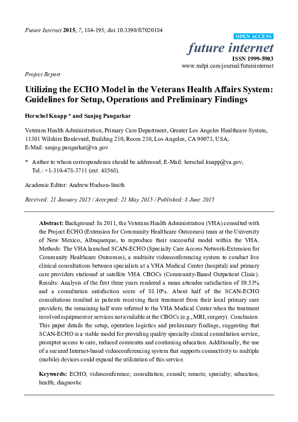 (PDF) Utilizing the ECHO Model in the Veterans Health Affairs System ...