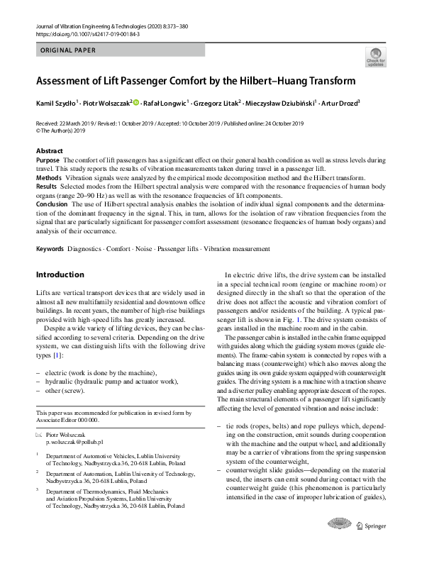 (PDF) Assessment of Lift Passenger Comfort by the Hilbert–Huang Transform