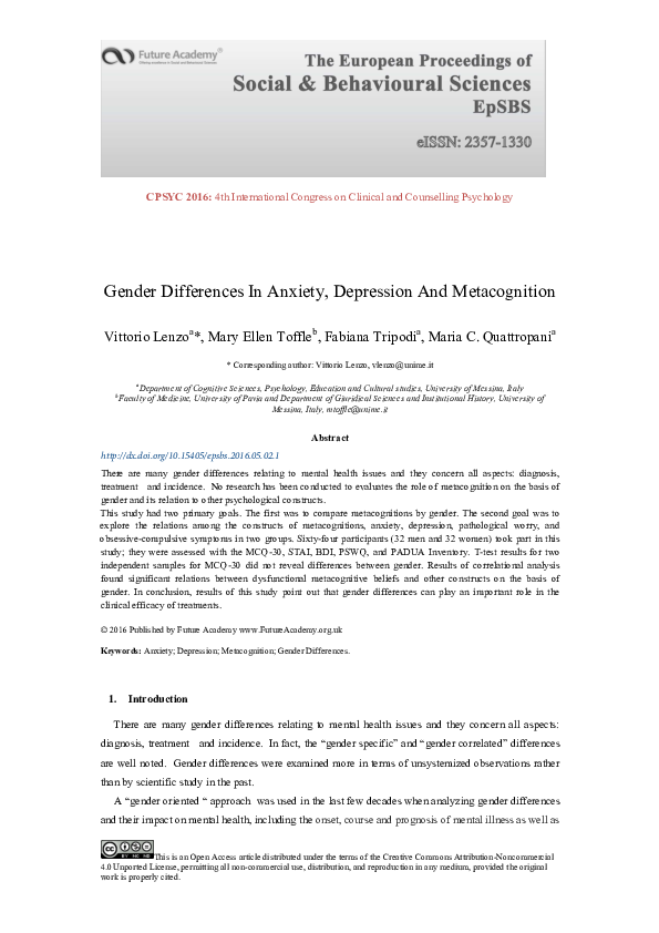 (PDF) Gender Differences In Anxiety, Depression And Metacognition