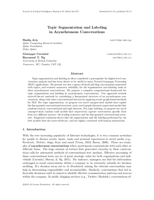 (PDF) Topic Segmentation and Labeling in Asynchronous Conversations