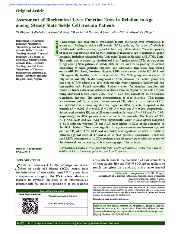 (PDF) Assessment of biochemical liver function tests in relation to age ...