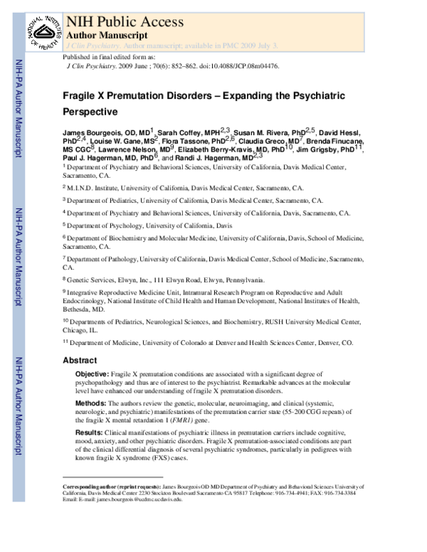 (PDF) Fragile X premutation disorders expanding the psychiatric perspective