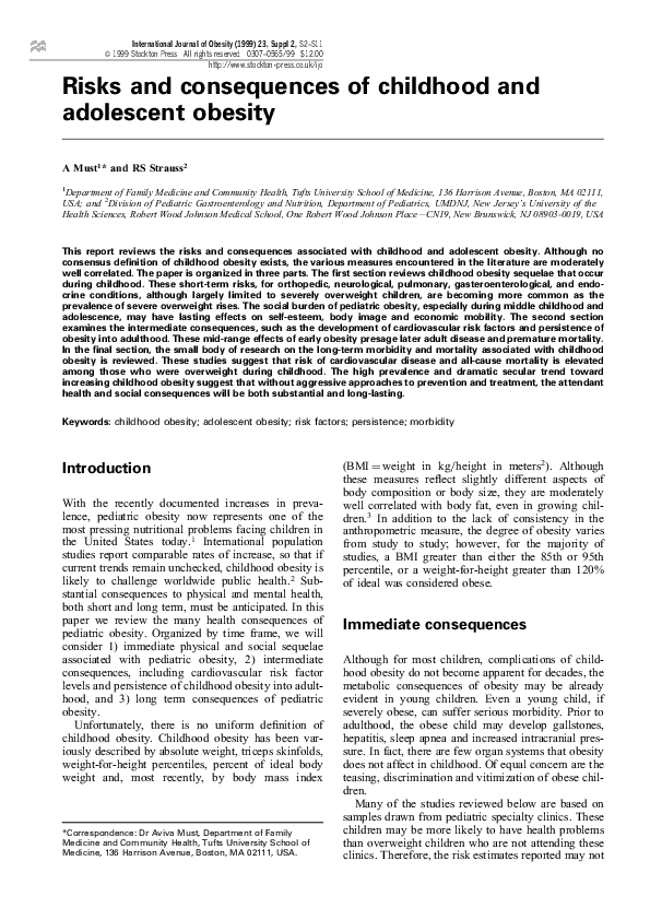 (PDF) Risks and consequences of childhood and adolescent obesity