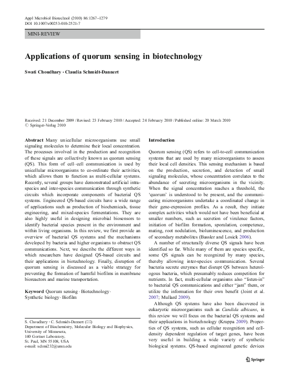 (PDF) Applications of quorum sensing in biotechnology