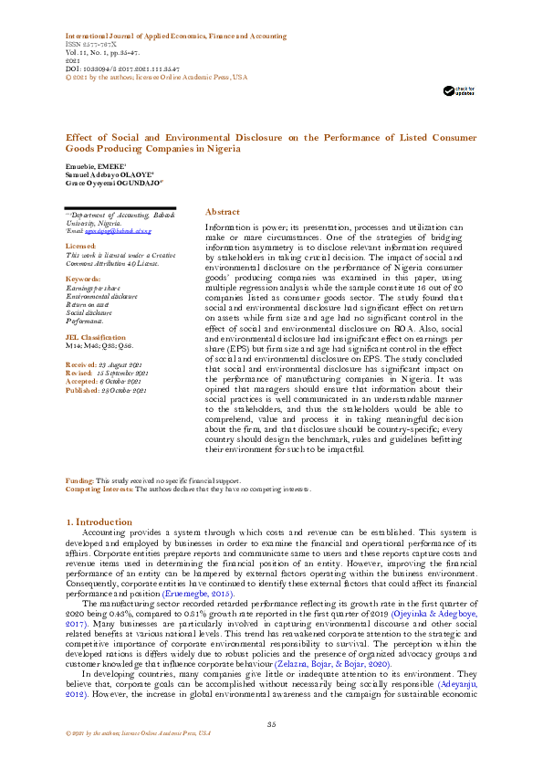 (PDF) Effect of Social and Environmental Disclosure on the Performance ...
