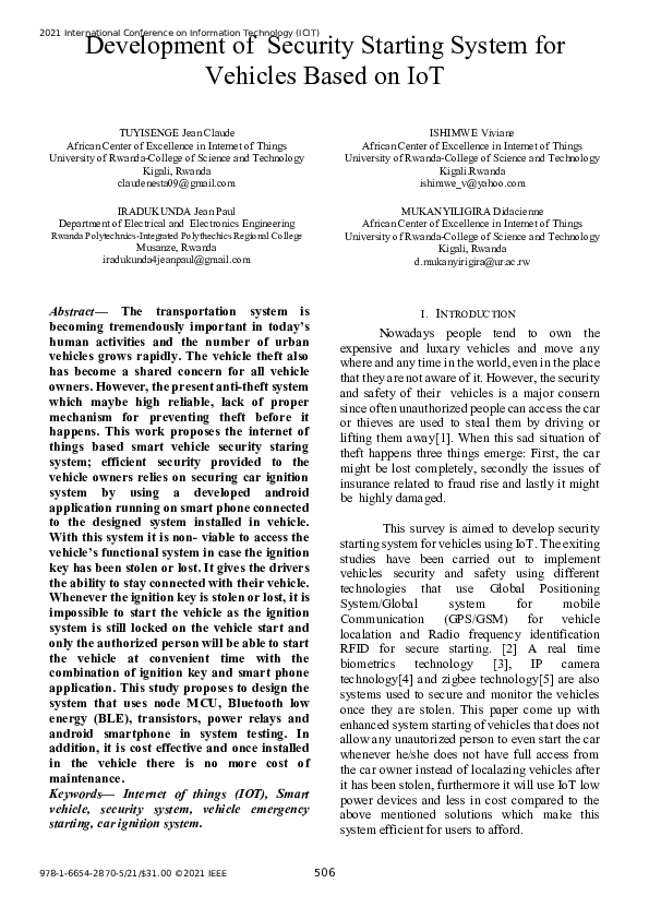 (PDF) Development of Security Starting System for Vehicles Based on IoT