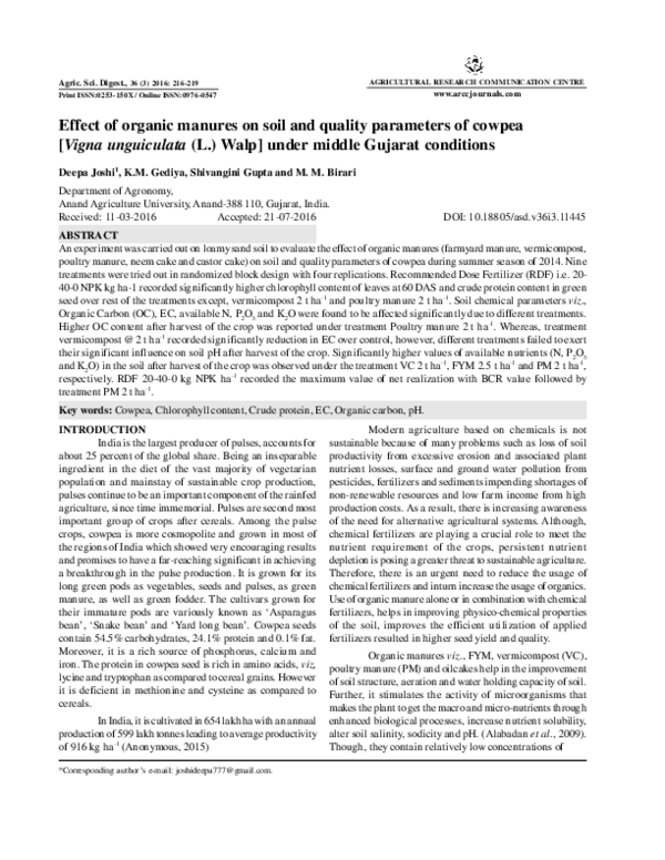 (PDF) Effect of organic manures on soil and quality parameters of ...
